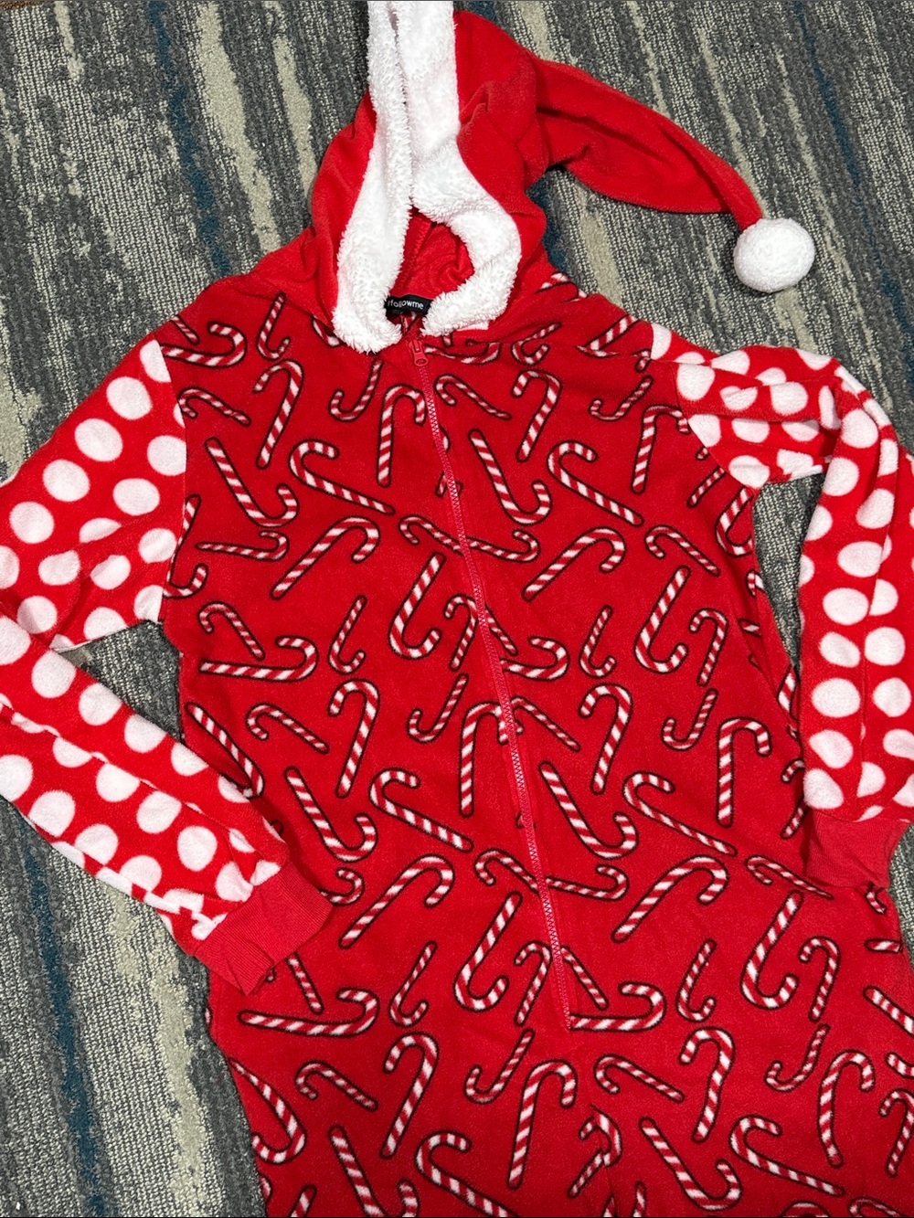 Size Large Red Candy Cane Hooded Onesie with Pom-Pom